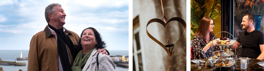 Two people in Donaghadee, A metal heart ornament, and two people enjoying afternoon tea